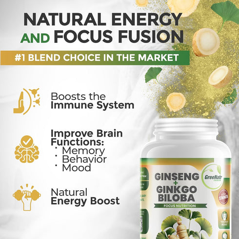 Ginko Biloba & Panax Ginseng Supplement - Red Ginseng Brain Supplement for Memory and Focus - Ginkgo Biloba Supplements for Good Vision, Immune Sy...