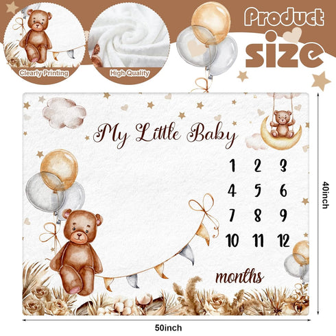 Boho Sleeping Bear Monthly Baby Milestone Blanket Brown Bear Balloon Flannel Blanket Boy Newborn Infant Swaddle Blanket Growth Chart Baby Blanket ...