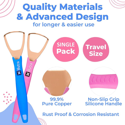 Tongue Scraper - Dental Hygiene Tool, Stainless Steel - Copper Mouth Cleaner Non-Slip Silicone Handle - Helps Fight Bad Breath - Professional Oral...
