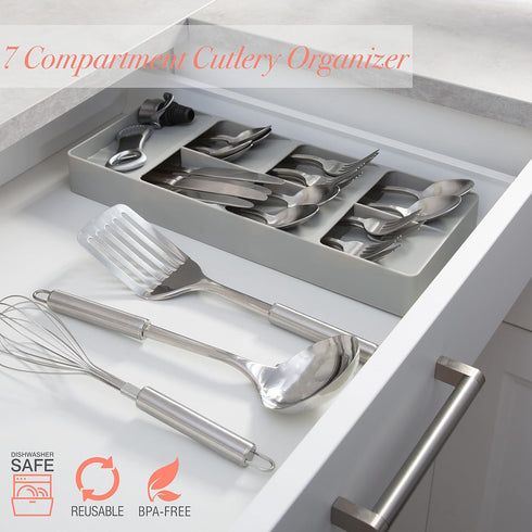 Kitchen Details 7 Slot Cutlery Drawer Organizer | Utensil Tray | Silverware Holder | Knife Spoon Fork | Flatware Storage & Organization | Grey...
