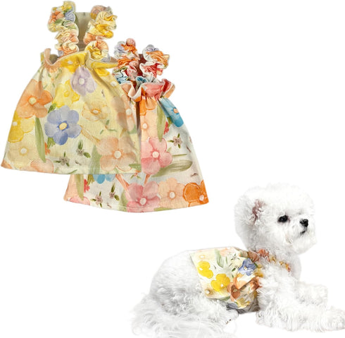2Pcs Floral Dog Dress for Small Dog Girl Chihuahua Yorkies Princess Dress Summer Skirt for Puppy Kitten, Painting Floral, L...