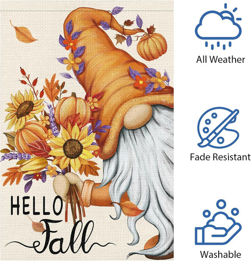 Hello Fall Gnome Garden Flag 12x18 Double Sided Burlap, Pumpkin Sunflower Garden Yard Flags for Thanksgiving Rustic Seasonal Outside Outdoor House...