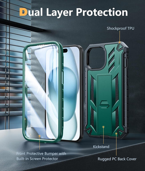 FNTCASE for iPhone 15 Phone Case: Military Grade Shockproof Full Protection Hard Phonecase with Kickstand - Dual Layer Matte Textured Drop Proof R...