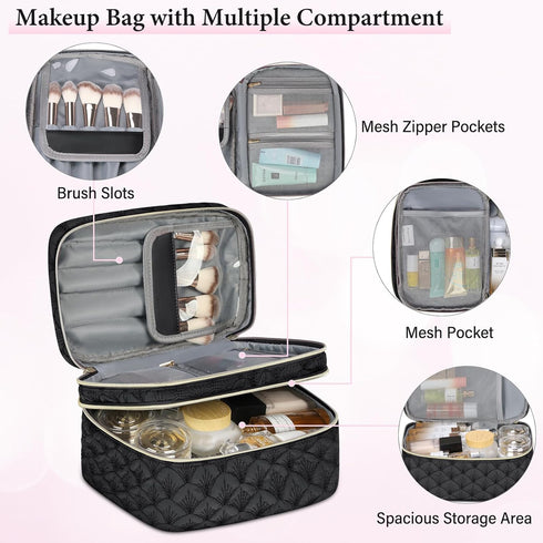 IGOLUMON Travel Makeup Bag Double Layer Make Up Bag Portable Large Cosmetic Bag Wide-open Toiletry Bag for Women Roomy Cosmetic Case Pouch Multifu...