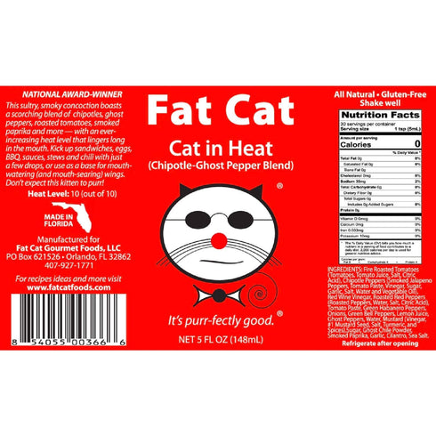 "Cat in Heat" Chipotle Ghost Pepper Blend by Fat Cat Gourmet | Natural Hot Sauce | Smokey, Savory | For Soups, Stews, Tacos, Steak | Very Hot | Gl...
