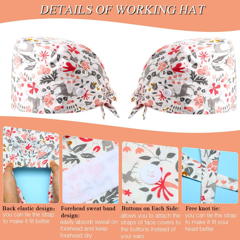 Geyoga 6 Pieces Women Scrub Caps Surgical Caps with Buttons Working Adjustable Sweatband Bouffant Hats...