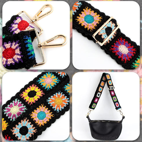 Framendino, Crochet Flower Purse Straps Replacement Crossbody for Handbags Black Adjustable Flower Bag Strap 2 Inch Wide Adjustable Bag Strap...