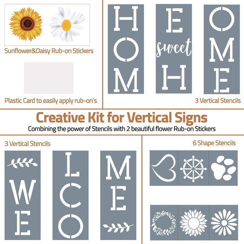 Large Stencils for Painting on Wood Reusable, Welcome Stencil, Daisy Sunflower Stencil and Other Wood Stencils, Wood Craft Supplies for Spring Por...