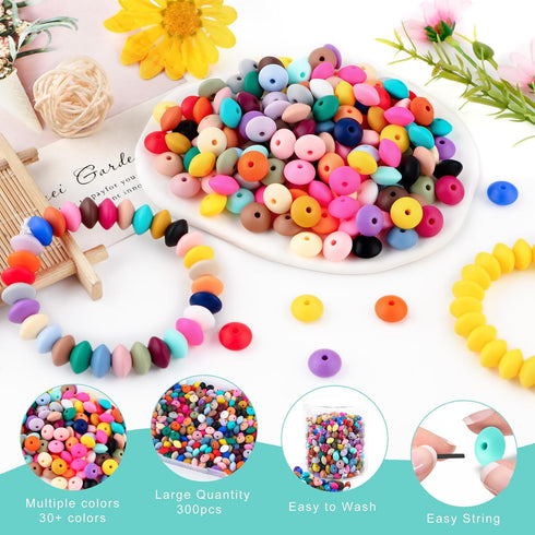 300Pcs 12mm Silicone Lentil Beads, Silicone Spacer Beads for Necklace Bracelet Making, Abacus Silicone Beads for Keychain Making and Silicone Foca...