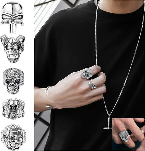 PANTIDE 16Pcs Vintage Silver Punk Rings Set for Men Women, Gothic Alloy Biker Adjustable Rings, Halloween Skeleton Skull Evil Eye Dragon Claw Octo...