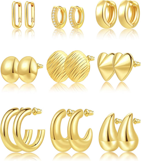 LIGHTWEIGHT Gold Earrings Hoops Set 9 Pairs 14k Gold Plated Hoop Earrings for Women - Hypoallergenic, Abstract Statement Huggie Hoops, light weigh...