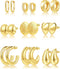 LIGHTWEIGHT Gold Earrings Hoops Set 9 Pairs 14k Gold Plated Hoop Earrings for Women - Hypoallergenic, Abstract Statement Huggie Hoops, light weigh...