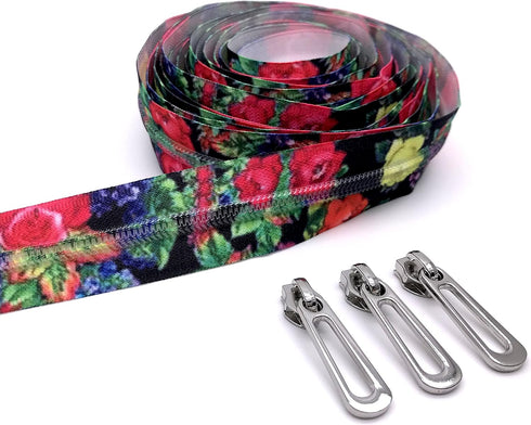 Goyunwell #5 Zippers by The Yard Nylon Coil Long Zippers for Sewing 5 Yard Zipper Tape with Rose Flower Pattern and 10pcs Silver Zipper Pulls for ...