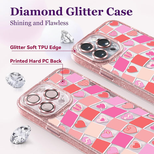 Compatible for iPhone 14 Pro Max Case Cute Aesthetic - Glitter Pink Phone Case with Camera Protector - Girly Love Plaid Cover with Wrist Strap Des...