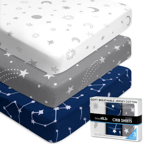 Fitted Unisex Crib Sheets (3 Pack) by GROW WILD - Jersey Knit Cotton Crib Sheets for Boys or Girls, 52” x 28” x 9” Crib Bedding Set (Moon, Stars a...