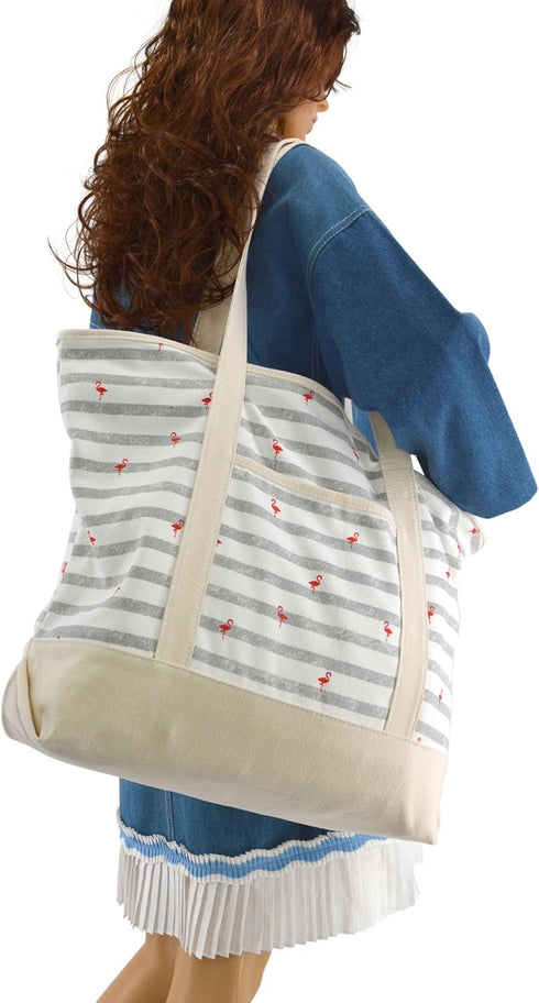 DALIX 22" Shopping Tote Bag in Heavy Cotton Canvas (Zippered Top) Gray Flamingo...