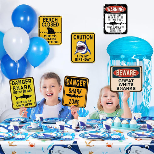 WERNNSAI Shark Zone Party Decorations - 6 PCS Size 8'' Funny Party Wall Decor Signs for Boys Kids Birthday Party Ocean Shark Theme Party Supplies...