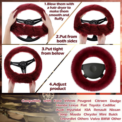 Frienda 6 Pieces Fluffy Car Accessories Set Fluffy Steering Wheel Cover Soft Fuzz Handbrake Cover Gear Shift Cover Bling Car Mirror Fuzz Car Decor...