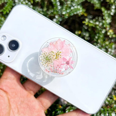 Pressed Pink Flowers Phone Grip,Handmade Dried Flowers Clear Phone Stand, Expanding Cell Phone Charms Accessory, Interchangeable Kickstand, Collap...