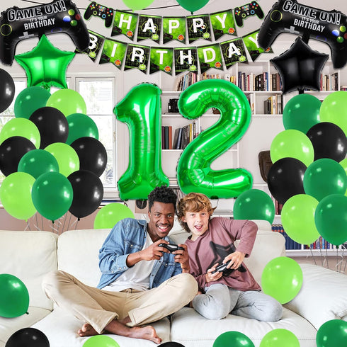 12th Video Game Birthday Party Set Include Happy Birthday Banner Video Game Balloons Controller Balloons Green Black Stars Aluminum Foil Balloons ...