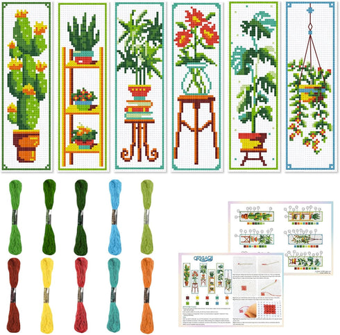 ORIGACH 6 Set Green Plants Cross Stitch Bookmark Kit for Beginner with Backing Felt Floss Instructions DIY Stamped Embroidery Bookmark Kit for Adu...