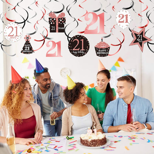 Blulu 21st Birthday Party Decorations, 21st Birthday Banners Rose Gold Hanging Swirls Ceiling Decorations Shiny Foil Swirls for Party Supplies 30 ...