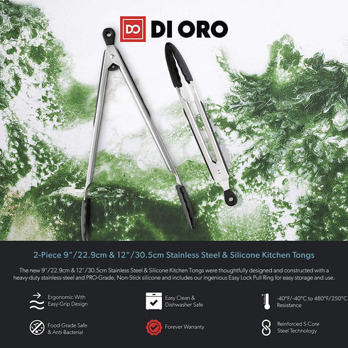 DI ORO Silicone Tongs for Cooking - Heat-Resistant Kitchen Tongs for Cooking with Silicone Tips - Small 9" & Large 12" for Nonstick Cookware - Sta...