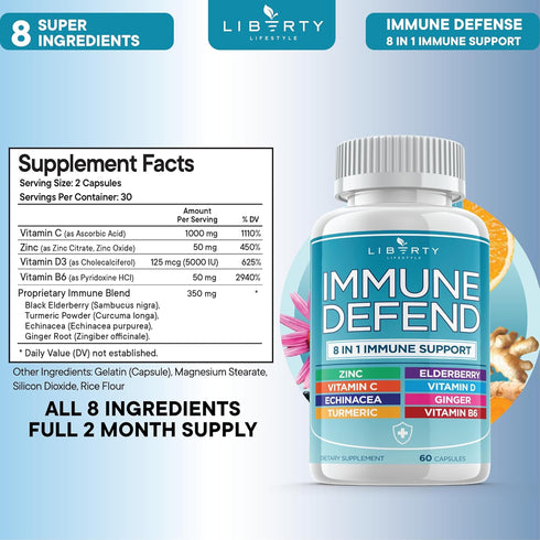 8 in 1 Immune Defense Support, Immunity Capsules Supplement Booster with Echinacea Zinc 50mg, Vitamin C, D3 5000 IU, Turmeric Curcumin & Ginger, E...