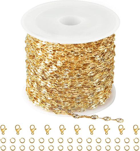 Kyutong 32.8 Feet Gold Plated Stainless Steel Chain for Jewelry Making Thin Embossed Lip Chain Link Necklace Making Supplies with Lobster Clasps J...