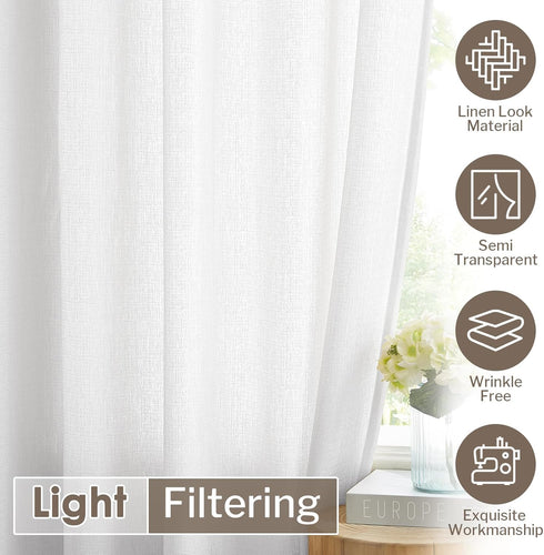 Melodieux White Semi Sheer Curtains 63 Inch Length for Bedroom Living Room, Farmhouse Linen Texture Light Filtering Home Office Shiny Sheer Drapes...
