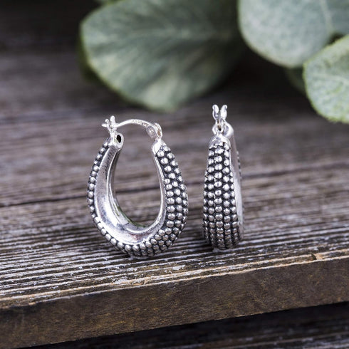 Oxidized Sterling Silver Beaded Texture Oval Black Hoop Earrings for Women...