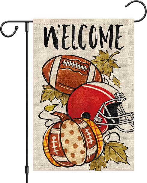 Fall Football Welcome Garden Flag 12 x 18 Inch Vertical Double Sided Burlap, Autunm Pumpkin Sports Game Day Flag for Yard Thanksgiving Holiday Out...