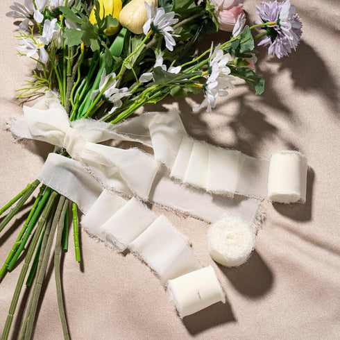 Chiffon Ribbon, 3 Rolls Cream White Handmade Fringe Chiffon Silk Ribbon 1.5" x 7Yd Ribbons Set for Wedding Invitations, Bridal Bouquets, Gifts Wra...