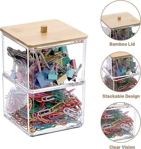 BTSKY Clear Stackable Paper Clip Holder with Bamboo Lid 2-Layer Paperclip Box Thick Acrylic Office Supply Accessory Organizer Square Small Storage...