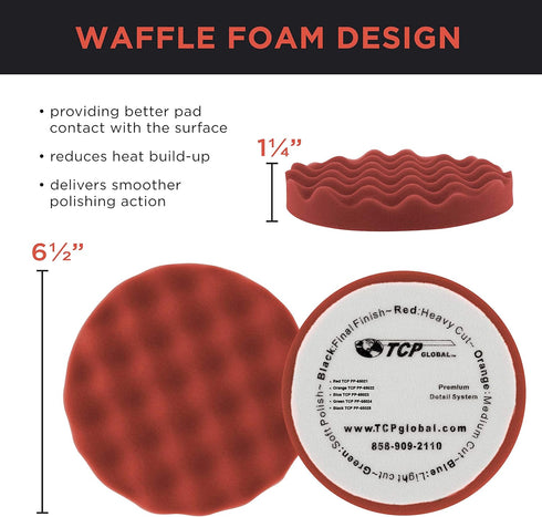 TCP Global 6.5" Red Waffle Foam Buffing Pad Hook and Loop Backing - Heavy Cut Pad for Polishing, Automotive, Marine, Truck, RV & Compound Cutting,...