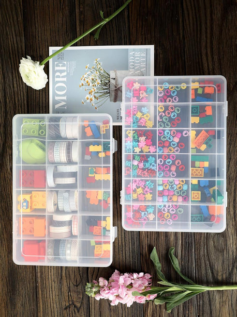 UHOUSE 2 PCS 18 Grids Clear Plastic Organizer Container Storage Box with Fixed Dividers for Nuts and Bolts, Tools Storage Organizer Box Case for C...