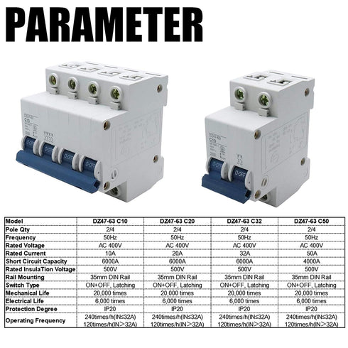 50 Amp Dual-Pole Circuit Breaker Switch, Din Rail Mounted Home Use Circuit Breaker for Household Appliance Circuit Security Protection (DZ47-63 C5...