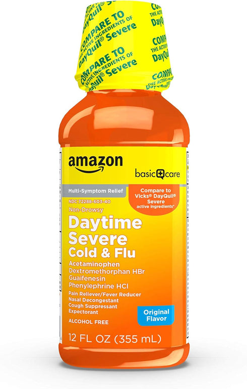 Amazon Basic Care Severe Daytime Cold and Flu, Maximum Strength Liquid Cold Medicine, Non-Drowsy, Multi-Symptom Relief, for Adults and Children Ag...