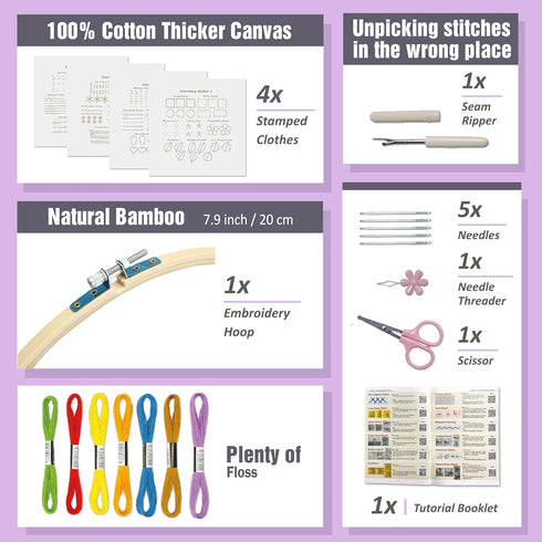 Bradove 4 Sets Embroidery Stitches Practice Kit, Embroidery Kit for Beginners with Embroidery Patterns, Beginner Embroidery Kit, Embroidery Kits f...
