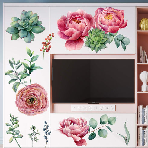 Amaonm Removable 3D Beautiful Pink Red Peony Flowers with Green Plants Leaf Wall Decal Wall Stickers DIY Peel and Stick Art Decor for Kids Girls B...