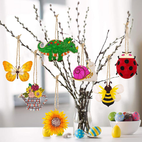 AurGun 40Pcs Unfinished Wooden Cutouts, Spring 8 Styles Wood Butterfly Flower Bee Slices, Blank Wooden Paint Crafts, DIY Wooden Paint Crafts for K...