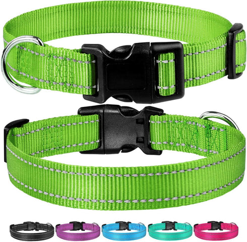 Reflective Dog Collar with Buckle Adjustable Safety Nylon Collars for Small Medium Large Dogs, Grass Green M...