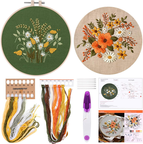FEPITO 2 Sets Full Range Embroidery Starter Kit with Pattern and Instructions Cross Stitch Kit Includes 2 Pcs Embroidery Clothes with Floral Patte...