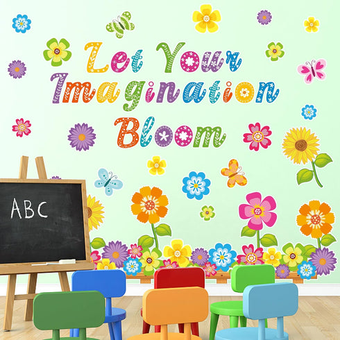 Flower Butterfly Bulletin Cutouts Classroom Bulletin Board Decor Let Your Imagination Bloom Paper Cutouts for Floral Party School Home Wall Window...