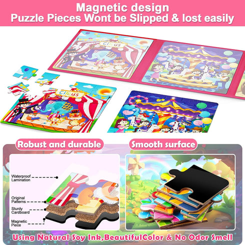 Magnetic Puzzles for Kids Ages 3-5, Toddler 3 in 1 Circus Jigsaw Puzzle Book, Kids Travel Puzzles Toys, Montessori Preschool Learning Toy for 1-5 ...