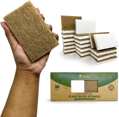 20 Pack Biodegradable Natural Kitchen Sponge - Compostable Cellulose and Coconut Walnut Scrubber Sponge - Eco Friendly Sponges for Dishes...