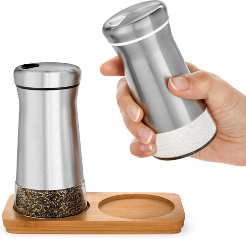 Salt and Pepper Shakers set with Adjustable Pour Holes - Elegant Stainless Steel Spice Dispenser - Perfect for Himalayan, Table Salt, White and Bl...