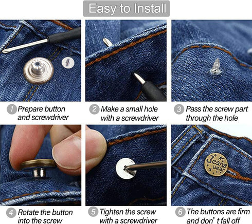 32 Sets Jeans Buttons Replacement, 17 mm and 20mm No-Sew Removable Metal Buttons Replacement Repair Combo Thread Rivets and Screwdrivers in Storag...