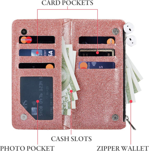 UEEBAI Wallet Case for iPhone 11, PU Leather Wallet Magnetic Closure Handbag Zipper Pocket Kickstand Card Slots with Hand Strap Glitter Flip Case ...