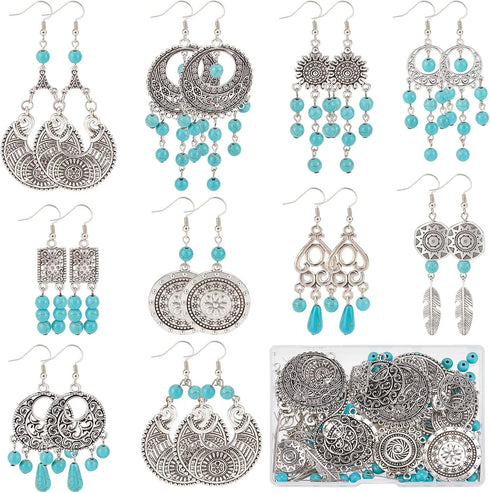 SUNNYCLUE 1 Box DIY 10 Pairs Tibetan Style Chandelier Charms Earrings Making Kit Flower Charm Flat Round Linking Charm Synthetic Turquoise Beads F...